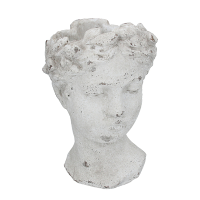 White Stone Effect Pot Cover In Goddess Head Design. The Perfect Addition To Any Garden Or Home. Made By Gisela Graham.
